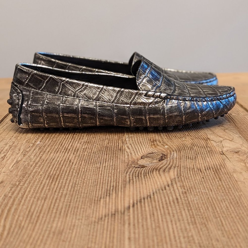 M. Gemi Leather Driving Loafers, Silver, Size 37.5 (US size 7W or 7.5N)